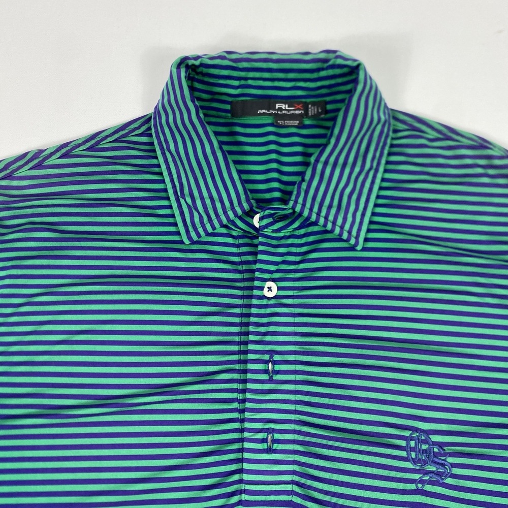 RLX Ralph Lauren Polo Shirt Mens Large Green Stripe Golf Performance Stretch